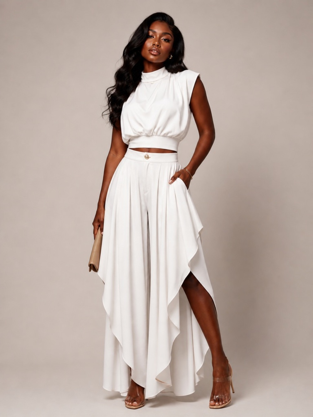 Two-Piece Draped Crop Top & Ruffle Pant  Set